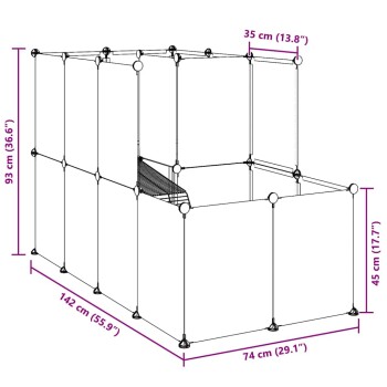 Illustration eines Haustierspielzauns mit den Abmessungen: 93 cm Höhe, 142 cm Breite, 74 cm Tiefe und 35 cm Seitenpaneele.
