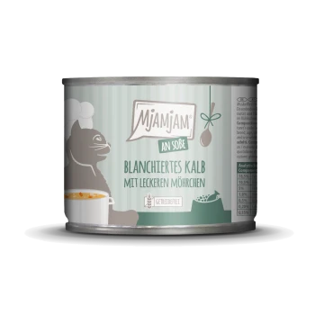 Dose mit Katzenfutter, die eine verspielte Katzenillustration zeigt, beschriftet mit 'Mjamjam an Sobe - Blanchiertes Kalb mit leckeren Möhrchen.'