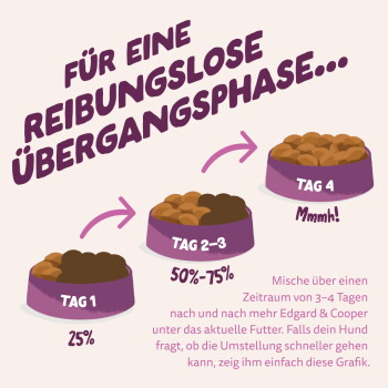 Drei violette Schüsseln, die eine Umstellungsphase zeigen: 'Tag 1' 25 %, 'Tag 2–3' 50–75 %, 'Tag 4'; Überschrift 'Für eine reibungslose Übergangsphase...'.