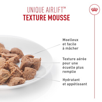 Assiette de mousse brune pour animaux avec l'en-tête « UNIQUE AIRLIFT™ TEXTURE MOUSSE » et les étiquettes françaises « Moelleux et facile à mâcher », « Hydratant et appétissant »
