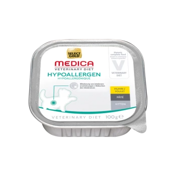 Hypoallergenes Katzenfutter in einem 100g Behälter, beschriftet mit 'Select Gold Medica Veterinary Diet', mit einer Katzensilhouette und Nährwertangaben.
