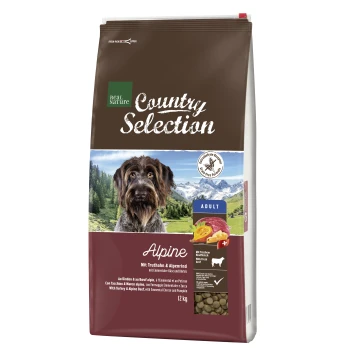 Dog food bag "Real Nature Country Selection Alpine" with a brown background, dog image, and ingredients: turkey, alpine beef, cheese, pumpkin. 12 kg.