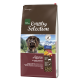 Hundefuttertüte "Real Nature Country Selection Alpine" mit braunem Hintergrund, Hundebild und Zutaten: Truthahn, Alpenrind, Käse, Kürbis. 12 kg.