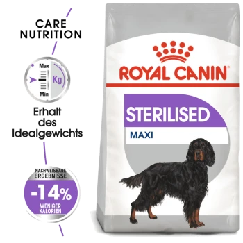 Royal Canin Sterilised Maxi Hundefutterbeutel mit einer Illustration eines schwarzen Hundes, mit Text, der die Pflegeernährung und Gewichtserhaltung hervorhebt.
