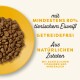 Futter auf einem gelben Teller mit Beschriftungen: "80% tierisches Protein", "getreidefrei", "natürliche Zutaten", "hinzugefügte Vitamine und Mineralien."