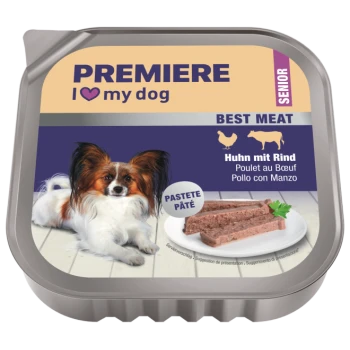 PREMIERE I ♥ my dog (SENIOR) pet food label: Papillon dog, plate of pâté, "BEST MEAT" and "Huhn mit Rind" text