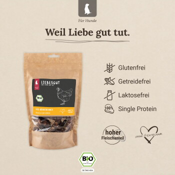 Kraftbeutel von Liebesgut Hundesnacks (Hähnchen), Slogan 'Weil Liebe gut tut.' und Symbole/Text: Glutenfrei, Getreidefrei, Laktosefrei, Single Protein, BIO