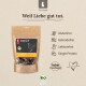 Kraftbeutel von Liebesgut Hundesnacks (Hähnchen), Slogan 'Weil Liebe gut tut.' und Symbole/Text: Glutenfrei, Getreidefrei, Laktosefrei, Single Protein, BIO