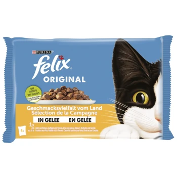 Emballage de nourriture pour chats Purina Felix Original avec le visage d'un chat noir et blanc, avec un texte mettant en avant les saveurs en gelée.