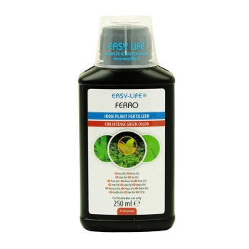 250 ml Flasche von Easy-Life Ferro Eisen-Dünger, der lebendige grüne Pflanzen mit mehrsprachigen Inhaltsstoffdetails bewirbt.