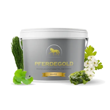 Ein grauer Eimer mit der Aufschrift "PFERDEGOLD" mit dem Text "Ergänzungsfuttermittel für Pferde" und "HUFE", umgeben von grünen Kräutern.