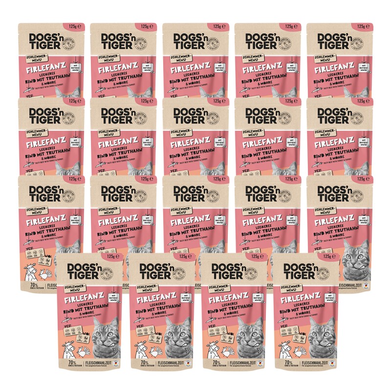 Dogs'n Tiger Adult Nassfutter Katze, Firlefanz, Rind, Truthahn & Möhre, 24x 125g