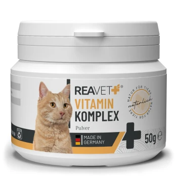 Behälter mit REAVET+ Vitamin Komplex für Haustiere, 50g, hergestellt in Deutschland, mit einer Katzen-Grafik und dem Wort "Pulver."
