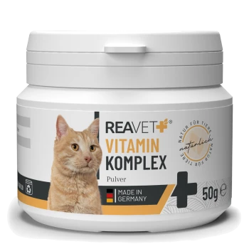 Behälter mit REAVET+ Vitamin Komplex für Haustiere, 50g, hergestellt in Deutschland, mit einer Katzen-Grafik und dem Wort "Pulver."