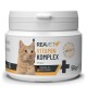 Behälter mit REAVET+ Vitamin Komplex für Haustiere, 50g, hergestellt in Deutschland, mit einer Katzen-Grafik und dem Wort "Pulver."