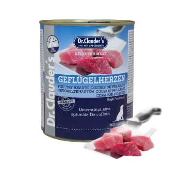 Dose "Dr. Clauder's Geflügelherzen" Tierfutter mit Geflügelherzen und Fleischstücken auf einem Teller. Text: "High Premium" und "Unterstützt optimale Darmflora."