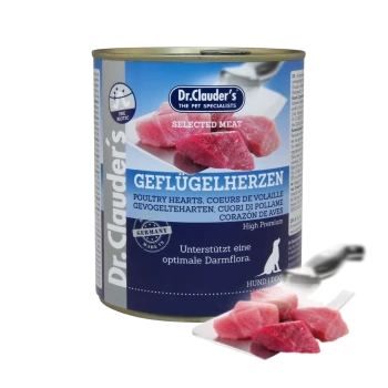 Dose "Dr. Clauder's Geflügelherzen" Tierfutter mit Geflügelherzen und Fleischstücken auf einem Teller. Text: "High Premium" und "Unterstützt optimale Darmflora."