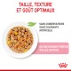 Bol blanc de nourriture pour chats avec de la viande et des légumes, étiqueté "Taille, texture et goût optimaux" et "Sans conservateurs, sans colorants artificiels."