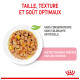 Bol blanc de nourriture pour chats avec de la viande et des légumes, étiqueté "Taille, texture et goût optimaux" et "Sans conservateurs, sans colorants artificiels."