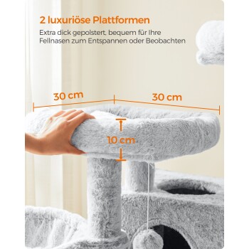 Plüsch-Katzenbaum mit zwei Plattformen mit einem Durchmesser von 35 cm. Eine Hand ruht auf einer, um den Komfort für Katzen zum Entspannen oder Beobachten zu betonen.