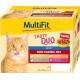 MultiFit Tasty Duo Katzenfutterverpackung zeigt eine orange Katze, die sich die Lippen leckt, gekennzeichnet mit "Duo Classic Mix" mit Hähnchen-, Truthahn- und Enten-Geschmack.