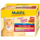 MultiFit Tasty Duo Katzenfutterverpackung zeigt eine orange Katze, die sich die Lippen leckt, gekennzeichnet mit "Duo Classic Mix" mit Hähnchen-, Truthahn- und Enten-Geschmack.