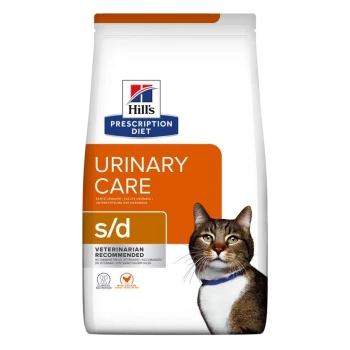 Hill's Prescription Diet Urinary Care s/d Katzenfutterbeutel mit einer getigerten Katze auf der Vorderseite, beschriftet mit 'Vom Tierarzt empfohlen.'