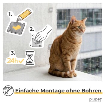 Orangegetigerte Katze auf einem Balkon hinter einem Schutznetz; Einblendung mit 3-Schritte-Klebeinstallationssymbolen zeigt '24h' und 'Einfache Montage ohne Bohren' sowie 'piupet'.