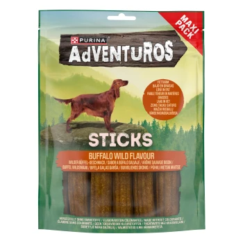 Purina AdVENTUROS Sticks im Buffalo Wild Geschmack, mit einer Hundesilhouette vor einem Berg-Hintergrund, beschriftet mit "MAXI PACK."