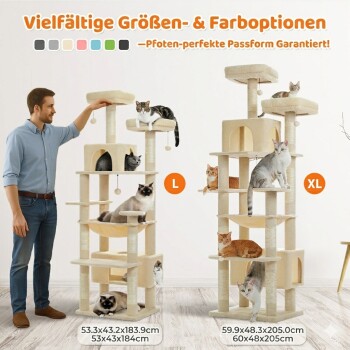 Beige Kratzbäume (L, XL) mit mehreren Katzen und einer Person; sichtbarer deutscher Text 'Vielfältige Größen' und 'Pfoten-perfekte'.