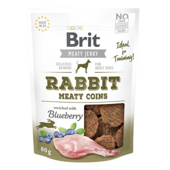 Brit Meaty Jerky Rabbit Meaty Coins dla dorosłych psów, 80g, wzbogacone jagodami, oznaczone 'Idealne do treningu!' bez zbóż, barwników ani cukrów.