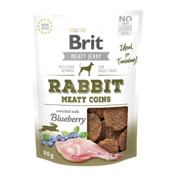 Brit Meaty Jerky Rabbit Meaty Coins dla dorosłych psów, 80g, wzbogacone jagodami, oznaczone 'Idealne do treningu!' bez zbóż, barwników ani cukrów.