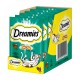 Paquet de friandises pour chats Dreamies avec six sachets de 60g, avec une illustration de chat joueur et un graphique de dinde sur un fond turquoise et jaune vif.