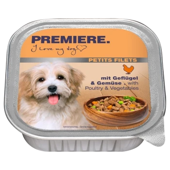 Hundefutterverpackung mit einem glücklichen Hund, beschriftet mit "PREMIERE. Ich liebe meinen Hund," mit "PETITS FILETS mit Geflügel & Gemüse" und einer Schüssel mit Futter.