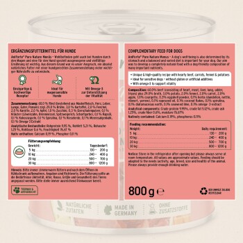 Dose AniForte Pure Nature Ergänzungsfuttermittel für Hunde mit Rind, Karotten, Fenchel und Kartoffeln, 800g, Fütterungsempfehlungen.