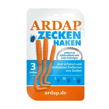 ARDAP Zeckenentfernungshaken in Orange, verpackt mit drei Größen (S, M, L) für eine einfache und sichere Zeckenentfernung, mit deutschem Text.