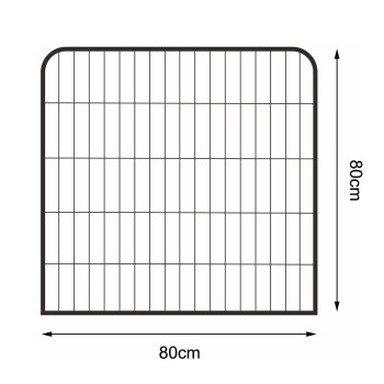 Ein schwarzes Metallspielzaun-Panel für Haustiere, 80 cm x 80 cm groß, mit einem Gitterdesign und abgerundeten Ecken.
