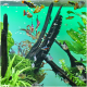Eine lebendige Aquarien-Szene mit verschiedenen bunten Fischen, die zwischen Wasserpflanzen und Treibholz schwimmen, vor einem hellgrünen Hintergrund.