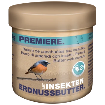Glas Premiere Erdnussbutter mit Insekten für Vögel, mit Vogelillustration und mehrsprachigem Text.