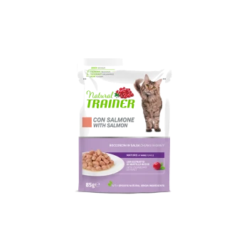 Verpackung für Katzenfutter mit der Marke 'Natural Trainer', mit Fokus auf Lachs. Der Text enthält 'Bocconcini in salsa' und '85g'.