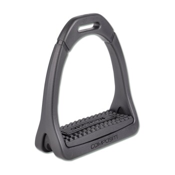 Schwarzer Verbundsteigbügel mit strukturiertem Fußbett, mit dem Markennamen 'COMPOSITI' an der Seite geprägt.