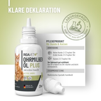 Etikett für REAVET Ohrmilben Öl Plus, mit einer roten Katze. Pflegeprodukt für Hunde und Katzen mit Kamille. 25ml, hergestellt in Deutschland.