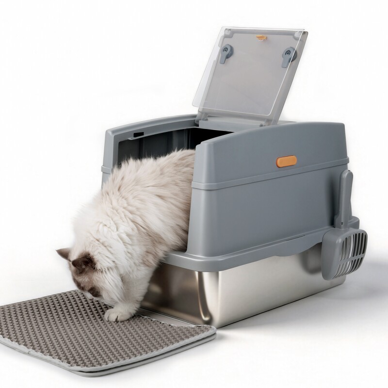 All for paws Edelstahl Katzentoilette mit Vorleger & Schaufel grau
