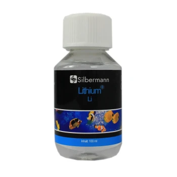 Flasche Silbermann Lithium-Ergänzung für Fische, 100 ml, mit bunten Fischgrafiken auf einem blauen Hintergrund.