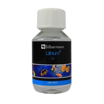 Flasche Silbermann Lithium-Ergänzung für Fische, 100 ml, mit bunten Fischgrafiken auf einem blauen Hintergrund.