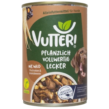 Vutteri Hundefutterdose mit einem braunen Etikett und einem Hundebild, das "Pflanzlich Vollwertig Lecker" und "Alleinfuttermittel für Hunde" angibt.