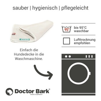 Gefaltete weiße Hundedecke mit Doctor Bark Etikett, waschbar bis 95°C, Lufttrocknung empfohlen, deutscher Text.