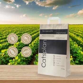 "Catsplan" pflanzliche Katzenstreu-Tüte mit Zutaten-Icons auf grünem Hintergrund.