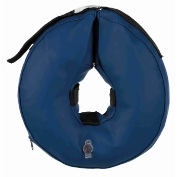 Blue inflatable donut-style pet recovery collar with central neck opening, black strap and inflation valve.