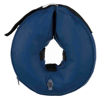 Blue inflatable donut-style pet recovery collar with central neck opening, black strap and inflation valve.